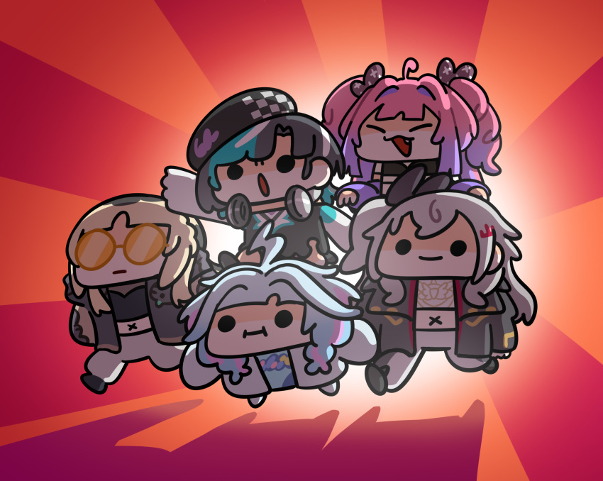 5girls, ahoge, aqua_hair, beret, black_hair, blonde_hair, blue_hair, english_commentary