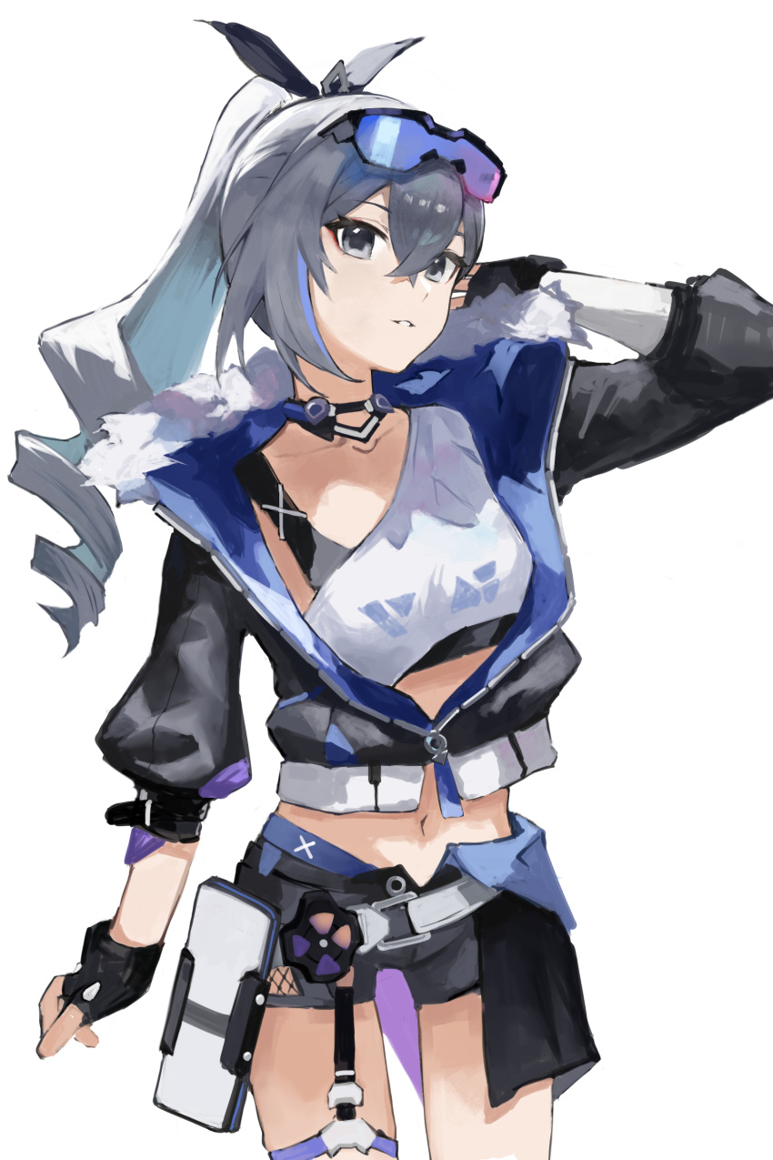 1girl, absurdres, black_gloves, black_jacket, black_shorts, breasts, commentary_request, drill_hair