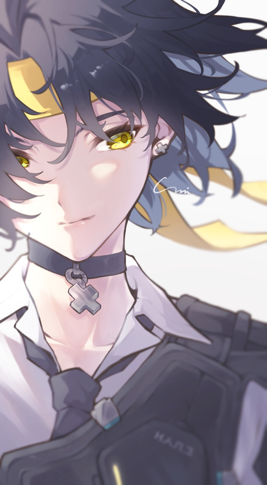 1boy, absurdres, armor, asaba_harumasa, black_choker, black_hair, black_necktie, choker