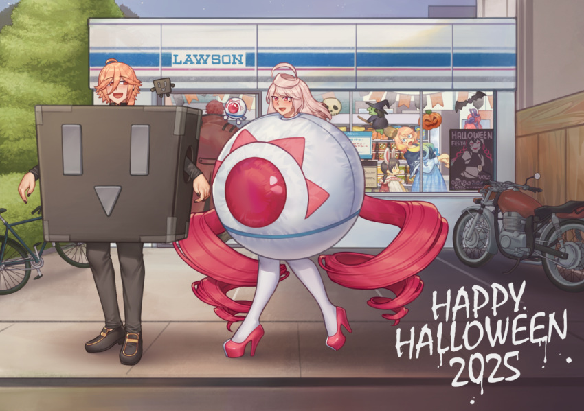 2025, 2boys, 4girls, ahoge, akikoloid-chan, animal_ear_hairband, animal_ears, bicycle, black_hair, black_nails, black_pants, blonde_hair, blue_dress, character_request, commentary, convenience_store, cosplay, cubi_(vocaloid), cubi_(vocaloid)_(cosplay), curly_hair, dress, english_commentary, facial_mark, fake_animal_ears, fuiro, glasses, gradient_hair, hair_bun, hairband, halloween, happy_halloween, haruno_sora, haruno_sora_(voicepeak), high_heels, jack-o'-lantern, kaai_yuki, lawson, long_hair, low_twintails, maika_(vocaloid), motor_vehicle, motorcycle, multicolored_hair, multiple_boys, multiple_girls, open_mouth, pants, pink_eyes, pink_hair, pink_shoes, rabbit_ears, red_eyes, red_hair, shg_(hiomaika), shoes, shop, short_hair, skull, socks, twintails, vocaloid, voicepeak, white_hair, white_socks, yohioloid