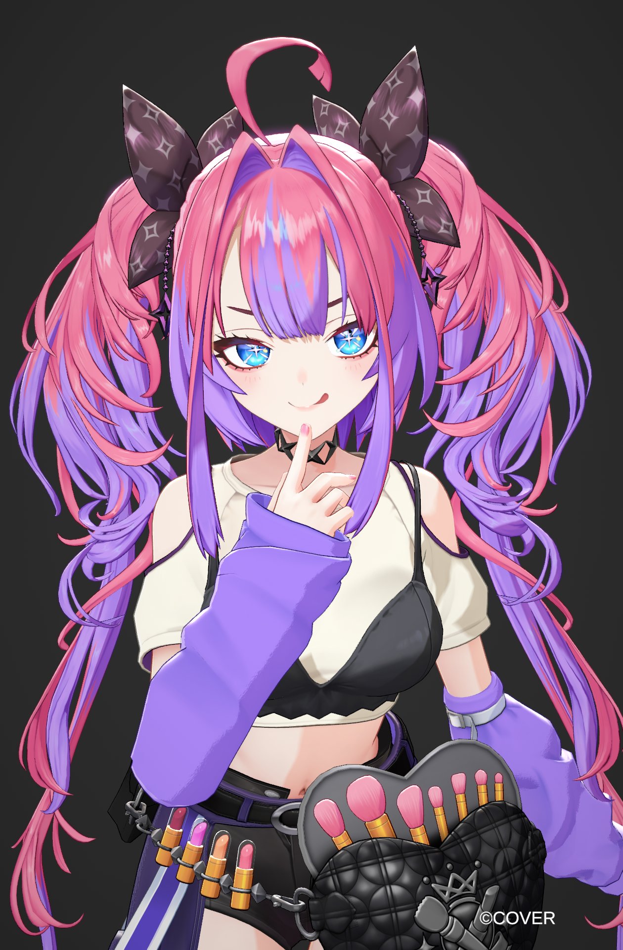 1girl, 3d, :q, ahoge, belt, black_bra, black_ribbon, black_shorts, blue_eyes, bra, bra_over_clothes, commentary_request, cosmetics, detached_sleeves, finger_to_mouth, hair_intakes, highres, hololive, hololive_dev_is, kikirara_vivi, kikirara_vivi_(1st_costume), lipstick_tube, looking_at_viewer, makeup_brush, midriff, multicolored_hair, naughty_face, navel, official_art, pink_hair, purple_hair, purple_sleeves, ribbon, shirt, short_shorts, shorts, smile, solo, tatsuki_3d, tongue, tongue_out, twintails, two-tone_hair, underwear, virtual_youtuber, white_shirt