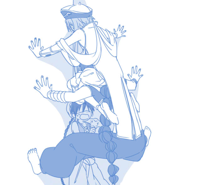 3boys, against_wall, aladdin_(magi), arabian_clothes, braid, cicada_block_(meme), commentary_request, corner