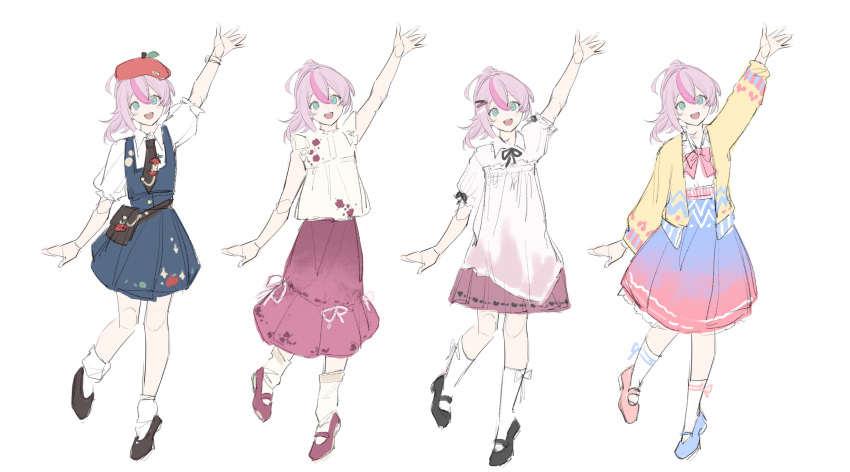 1girl, alternate_costume, aqua_eyes, arm_up, artist_collaboration, black_shoes, blue_skirt, bow