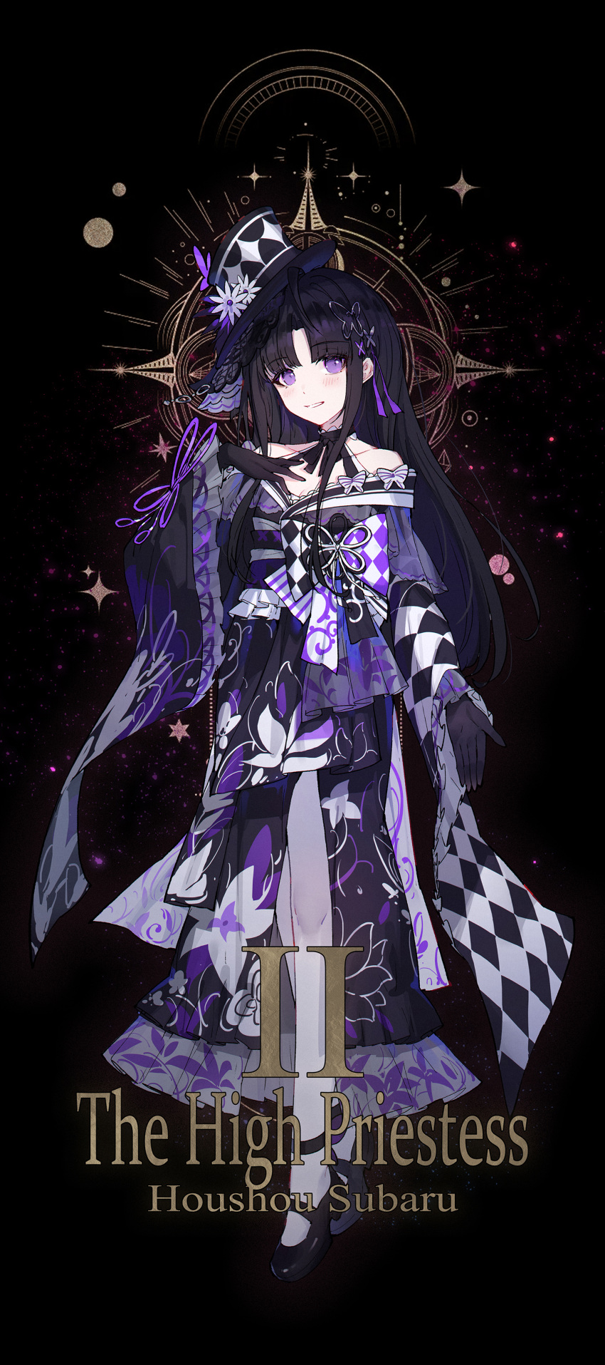 1girl, absurdres, ahoge, awa_subaru, black_background, black_gloves, black_hair, black_hat