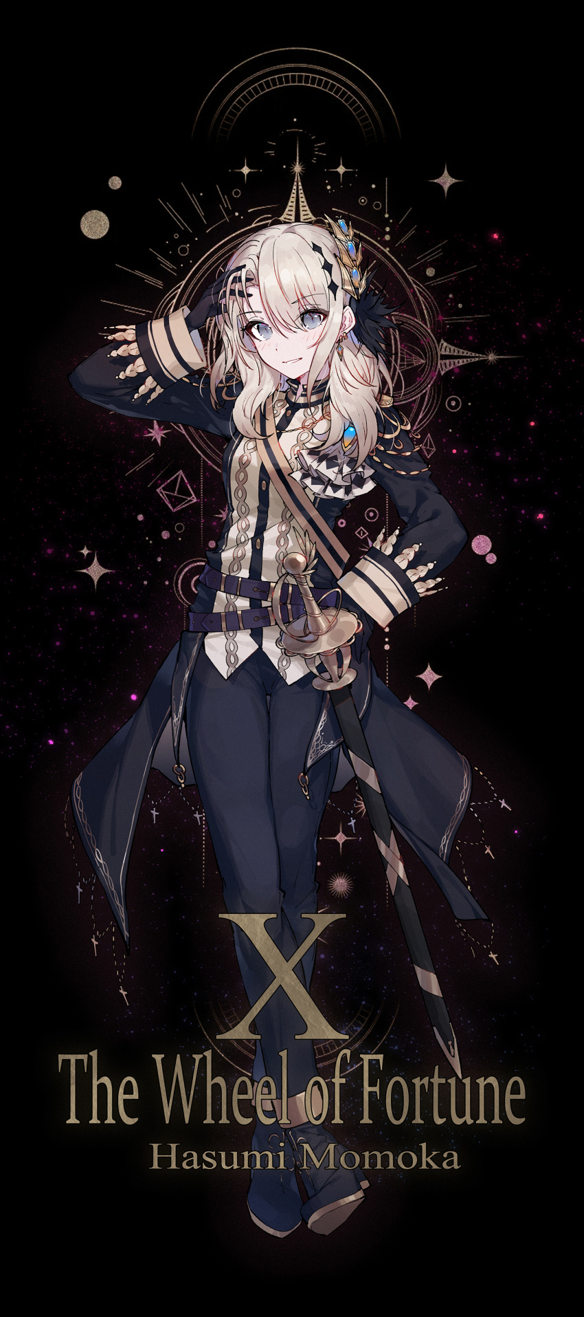 1girl, absurdres, black_background, black_gloves, black_jacket, black_pantyhose, black_shoes, blush