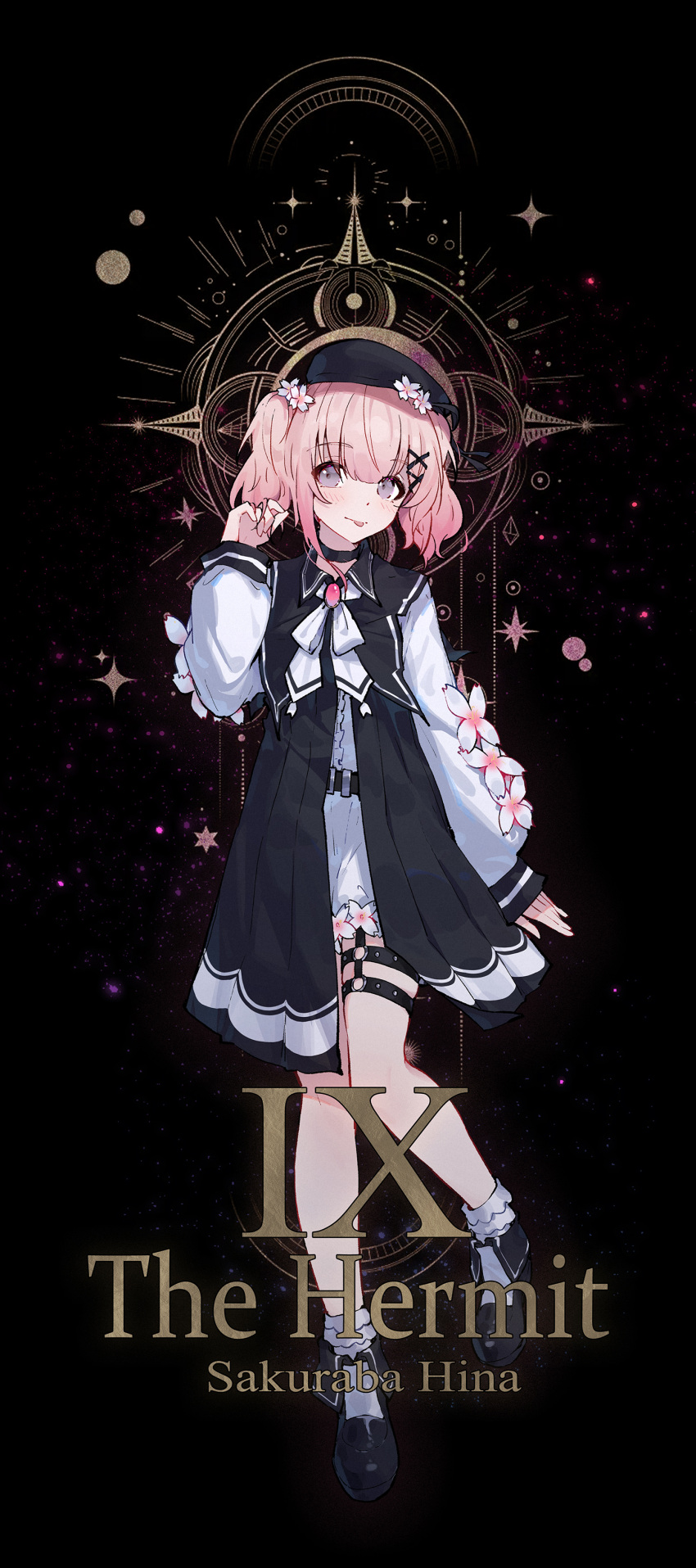 1girl, absurdres, black_background, black_choker, black_coat, black_hat, black_shoes, chinese_commentary