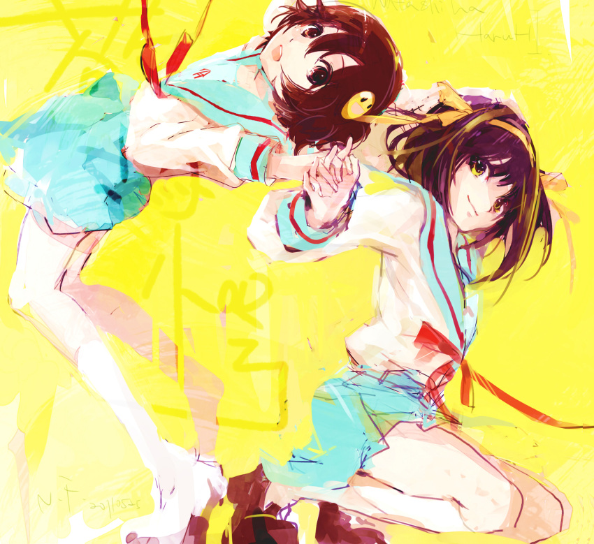 brown_eyes, brown_hair, hair_ornament, hair_ribbon, hairband, hairclip, hand_holding, highres, holding_hands, multiple_girls, nekoif, open_mouth, ribbon, school_uniform, short_hair, smile, suzumiya_haruhi, suzumiya_haruhi_no_yuuutsu, traditional_media, watahashi_yasumi, watercolor_(medium)