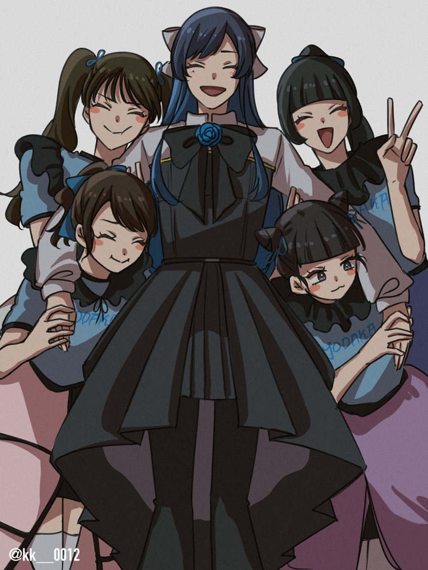 5girls, :3, ado_(utaite), black_bow, black_bowtie, black_eyes, black_hair, blue_dress, blue_hair, blue_shirt, bow, bowtie, chando_(ado), closed_eyes, commentary_request, cone_hair_bun, dress, hair_bun, highres, keeko_(kk_0012), long_hair, miu_(phantom_siita), moka_(phantom_siita), mole, mole_under_eye, mona_(phantom_siita), multiple_girls, open_mouth, phantom_siita, ponytail, rinka_(phantom_siita), shirt, twintails, utaite, v