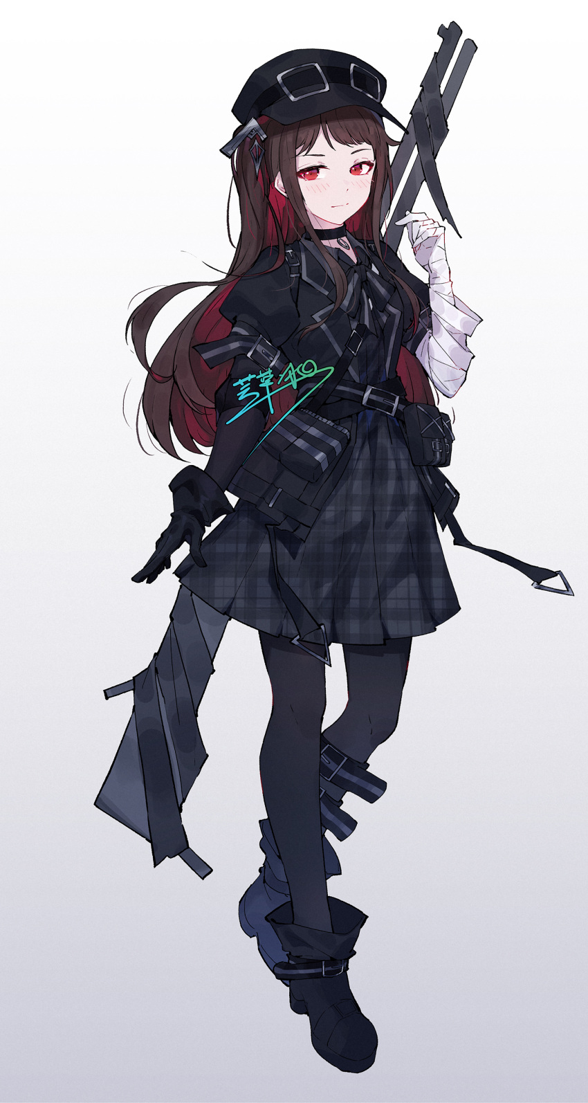 1girl, absurdres, bandaged_arm, bandages, black_boots, black_gloves, black_hat, black_pantyhose