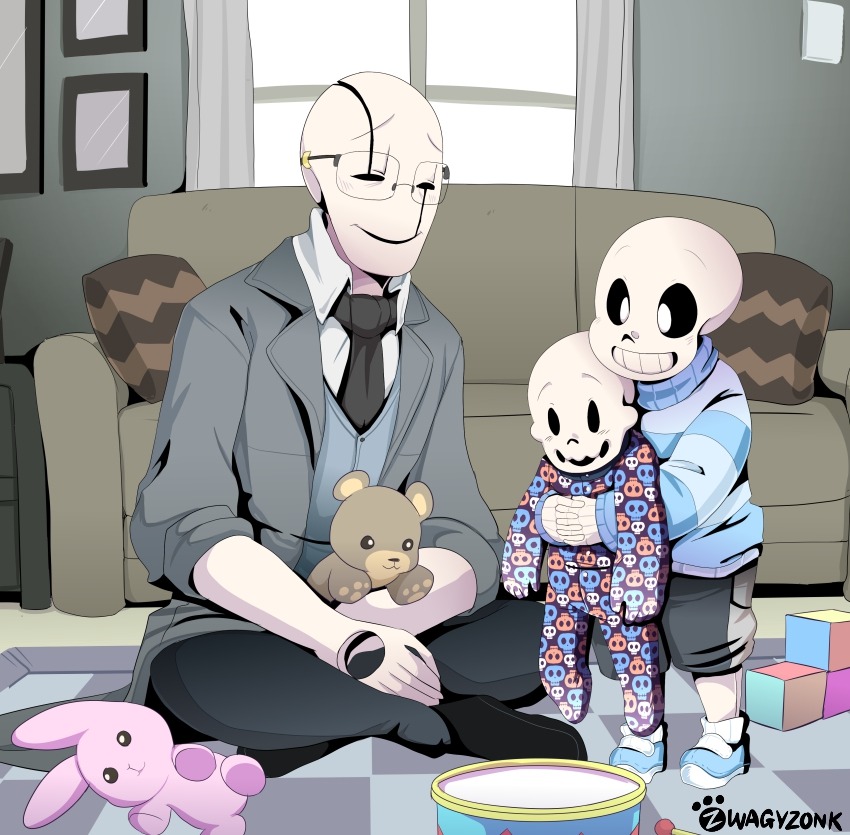 2019, 2d, 3boys, aged_down, aqua_sweater, aqua_vest, artist_name, behind_another