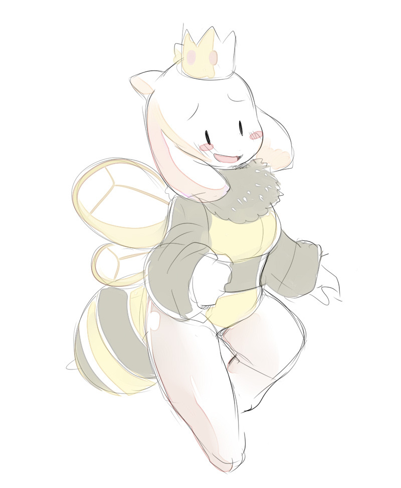 1girl, 2019, 2d, alternate_costume, animal_costume, animal_ears, anthro, bee_costume, blush_stickers, crown, digital_media, droopy_ears, fangs, female, female_only, floppy_ears, full_body, furry, furry_female, goat, goat_ears, goat_girl, goat_horns, horns, insect_wings, mammal, monster, monster_girl, simple_background, sketch, solo, toriel, undertale, utdr_(toby_fox), white_background, white_fur, white_horns, wings, zwagyzonk, |_|