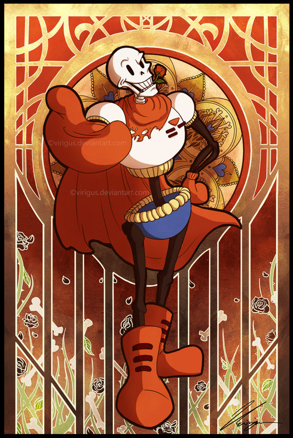 1boy, 2016, 2d, armor, art_nouveau, artist_name, blue_shorts, boots, brown_background, cape, commentary, deviantart_sample, deviantart_username, digital_media, duplicate, english_commentary, flower, flower_in_mouth, full_body, gloves, gradient_background, hand_on_own_hip, humanoid, image_sample, male, male_focus, monster_boy, orange_background, papyrus_(undertale), reaching, reaching_towards_viewer, red_boots, red_cape, red_flower, red_gloves, rose, shorts, skeleton, solo, standing, undead, undertale, utdr_(toby_fox), virigus, watermark, white_armor