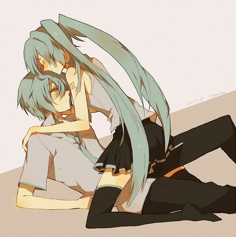 closed_eyes, eyes_closed, genderswap, green_eyes, green_hair, hatsune_miku, hatsune_mikuo, long_hair