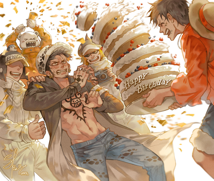 >_<, 5boys, ^_^, bear, bepo_(one_piece), birthday, birthday_cake, black_coat, blush, cake, chest_tattoo, clenched_teeth, closed_eyes, coat, commentary, confetti, denim, earrings, facial_hair, food, food_on_face, goatee, hand_tattoo, happy_birthday, hat, jeans, jewelry, jumpsuit, male_focus, monkey_d._luffy, multiple_boys, one_piece, pants, penguin_(one_piece), red_shirt, scar, scar_on_chest, scar_on_face, shachi_(one_piece), shirt, short_hair, skar_1004, straw_hat, sunglasses, tattoo, teeth, trafalgar_law, white_jumpsuit