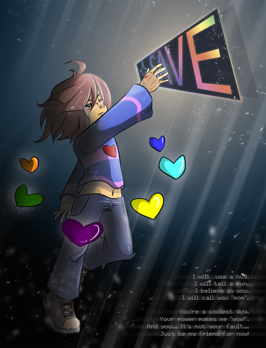 1other, 2015, 2d, ambiguous_gender, black_pants, blue_shirt, blue_soul_(undertale), brown_hair, brown_shoes, child, commentary, crying, cyan_soul_(undertale), dark, dark_background, digital_media, double_horizontal_stripe, english_commentary, english_text, frisk_(undertale), green_soul_(undertale), heart, highres, horizontal-striped_clothes, human, human_only, midriff, navel, orange_soul_(undertale), other_focus, pants, pink_stripes, purple_soul_(undertale), reaching, shirt, shoes, short_hair, simple_background, sneakers, solo, striped_clothes, striped_shirt, tears, text, toono, two-tone_shirt, undertale, utdr_(toby_fox), yellow_soul_(undertale)