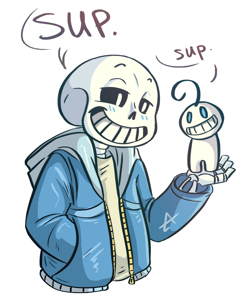 2015, 2boys, 2d, blue_eyes, blue_jacket, commentary, creature, creature_on_hand, cropped_torso, crossover, cryaotic, digital_media, duo, english_commentary, grey_hood, hollow_eyes, hood, hood_down, hooded_jacket, humanoid, jacket, male, male_focus, male_only, monster, monster_boy, multiple_boys, open_clothes, open_jacket, sans_(undertale), shirt, simple_background, skeleton, teeth, text, toono, undead, undertale, utdr_(toby_fox), white_background, white_shirt, zipper