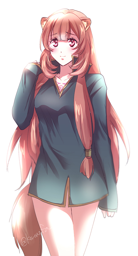 1girl, animal_ear_fluff, animal_ears, artist_name, bare_legs, black_shirt, blunt_bangs, borrowed_clothes