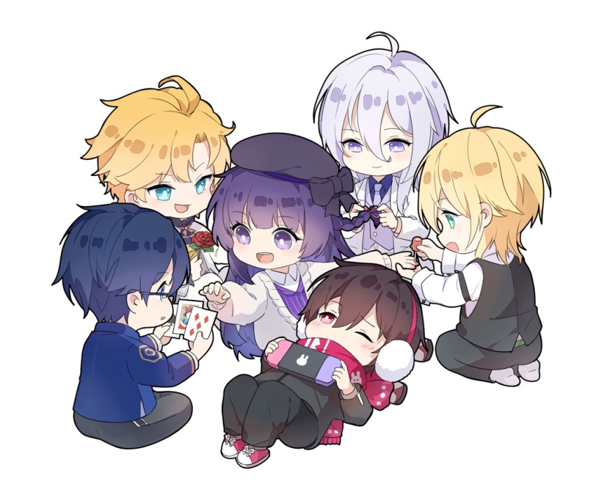 1girl, 5boys, :d, ahoge, alkaid_mcgrath, animal_print, applying_another's_manicure, applying_manicure, aqua_eyes, ayn_alwyn, beret, black_bow, black_hair, black_hat, black_jacket, black_pants, black_shirt, black_vest, blonde_hair, blue_eyes, blue_hair, blue_jacket, blush, bow, braid, braiding_another's_hair, braiding_hair, brown_shoes, cael_anselm, cael_anselm_(everyday_outfit), card, cardigan, center-flap_bangs, chibi, chibi_only, chinese_commentary, clarence_clayden, clarence_clayden_(everyday_outfit), closed_mouth, collared_shirt, cosmetics, covered_mouth, curtained_hair, diagonal-striped_clothes, diagonal-striped_necktie, earmuffs, flower, full_body, glasses, green_eyes, hair_between_eyes, hairdressing, hat, hat_bow, heroine_(lovebrush_chronicles), holding, holding_card, holding_flower, indian_style, jacket, knees_up, lap_pillow, lapels, lars_rorschach, long_bangs, long_hair, long_sleeves, looking_at_another, looking_at_object, looking_to_the_side, lovebrush_chronicles, lying, male_harem, medium_hair, multiple_boys, nail_polish, nail_polish_bottle, nail_polish_brush, neck_ribbon, necktie, no_shoes, notched_lapels, on_back, one_eye_closed, open_cardigan, open_clothes, open_jacket, painting_fingernails, pants, parted_lips, pinstripe_pattern, pinstripe_vest, playing_card, purple_hair, purple_necktie, purple_shirt, purple_vest, rabbit_print, reaching, red_eyes, red_flower, red_rose, red_scarf, red_shoes, red_skirt, ribbon, rose, scarf, scarf_over_mouth, seiza, shhuii, shirt, shoes, short_hair, side_braid, simple_background, sitting, skirt, sleeve_garter, smile, sneakers, socks, striped_clothes, suit, v-shaped_eyebrows, vest, violet_eyes, white_background, white_cardigan, white_hair, white_jacket, white_pants, white_shirt, white_socks, white_suit