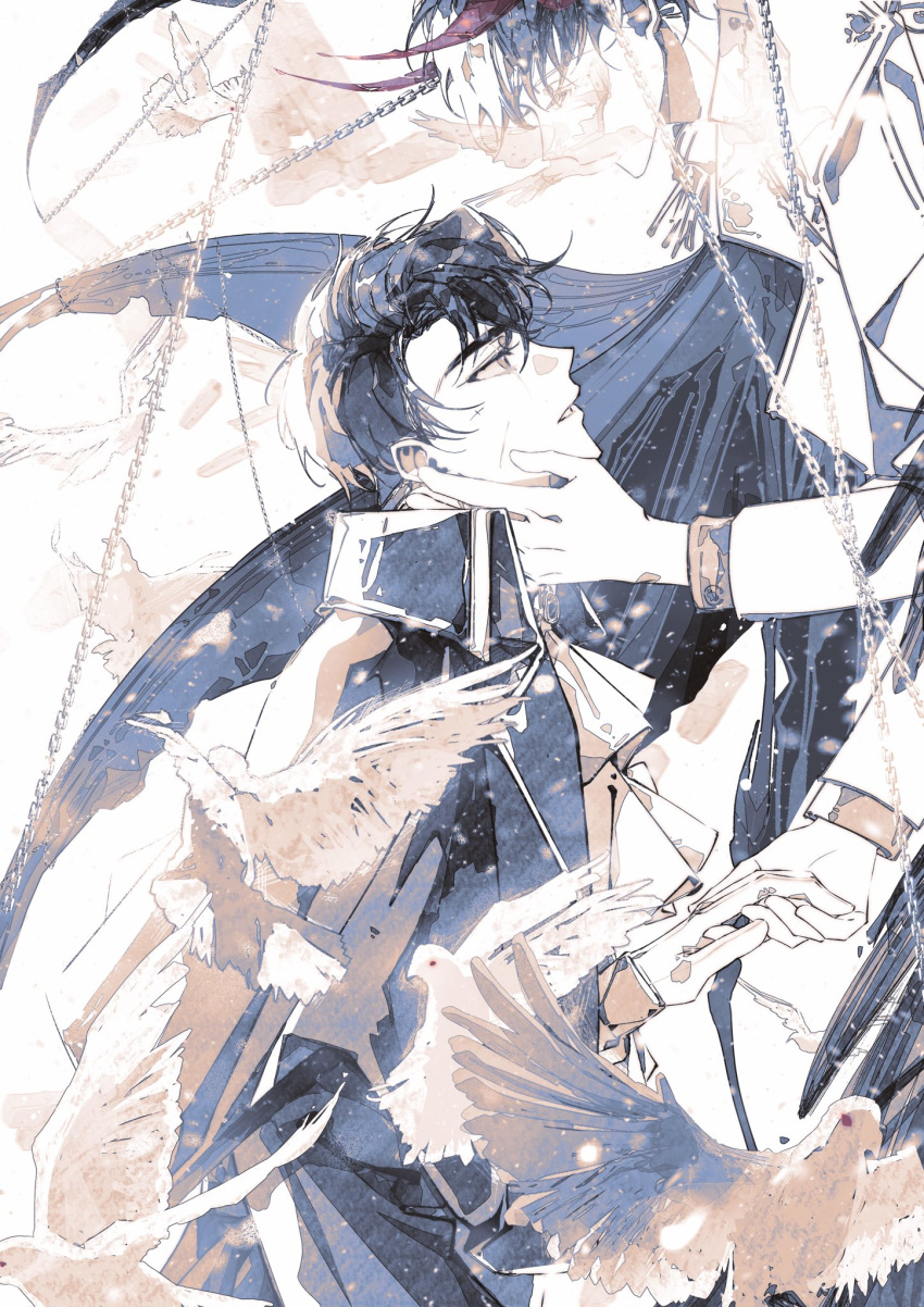 2boys, bird, black_coat, black_hair, chain, coat, demon_horns, dove