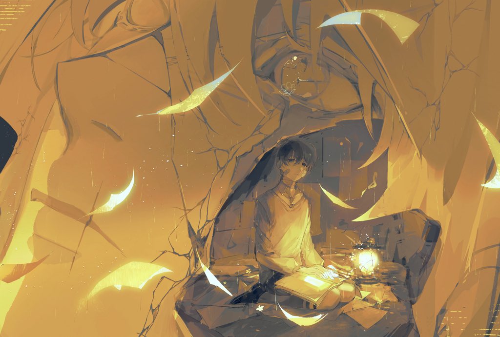 2boys, bandage_on_face, bandages, black_hair, book, cloak, cracked_skin, empty_eyes