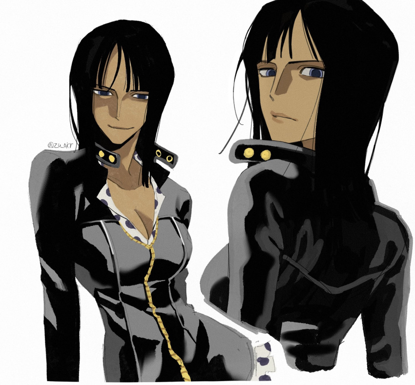 1girl, blue_eyes, closed_mouth, highres, leather_dress, long_sleeves, looking_back, nico_robin