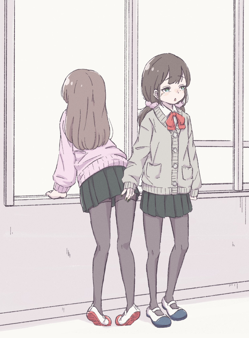 2girls, black_nails, black_pantyhose, bow, bowtie, brown_hair, cardigan, commentary