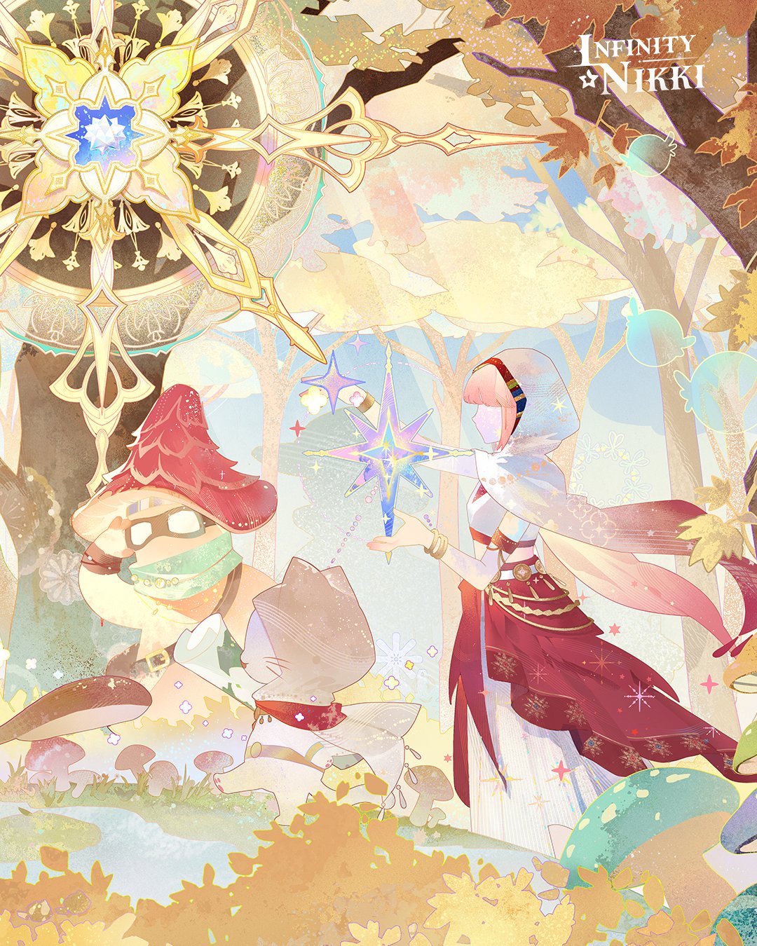 1girl, animal, armlet, artist_request, autumn, bare_shoulders, belt, blunt_bangs