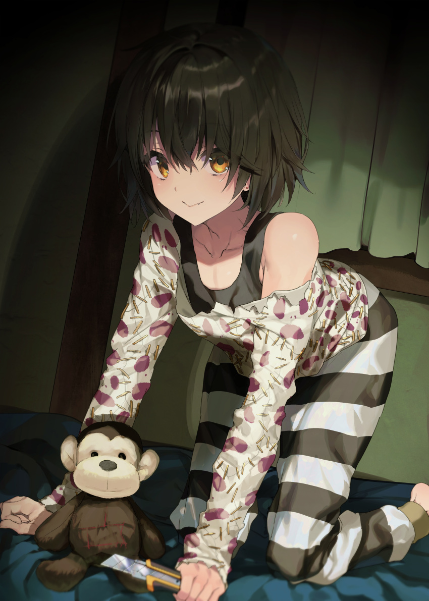 1boy, absurdres, all_fours, black_hair, closed_mouth, fang, highres, looking_at_viewer