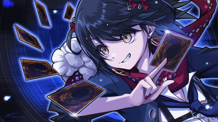 1boy, apurun_run, black_jacket, card, fang, hair_ornament, hairpin, highres