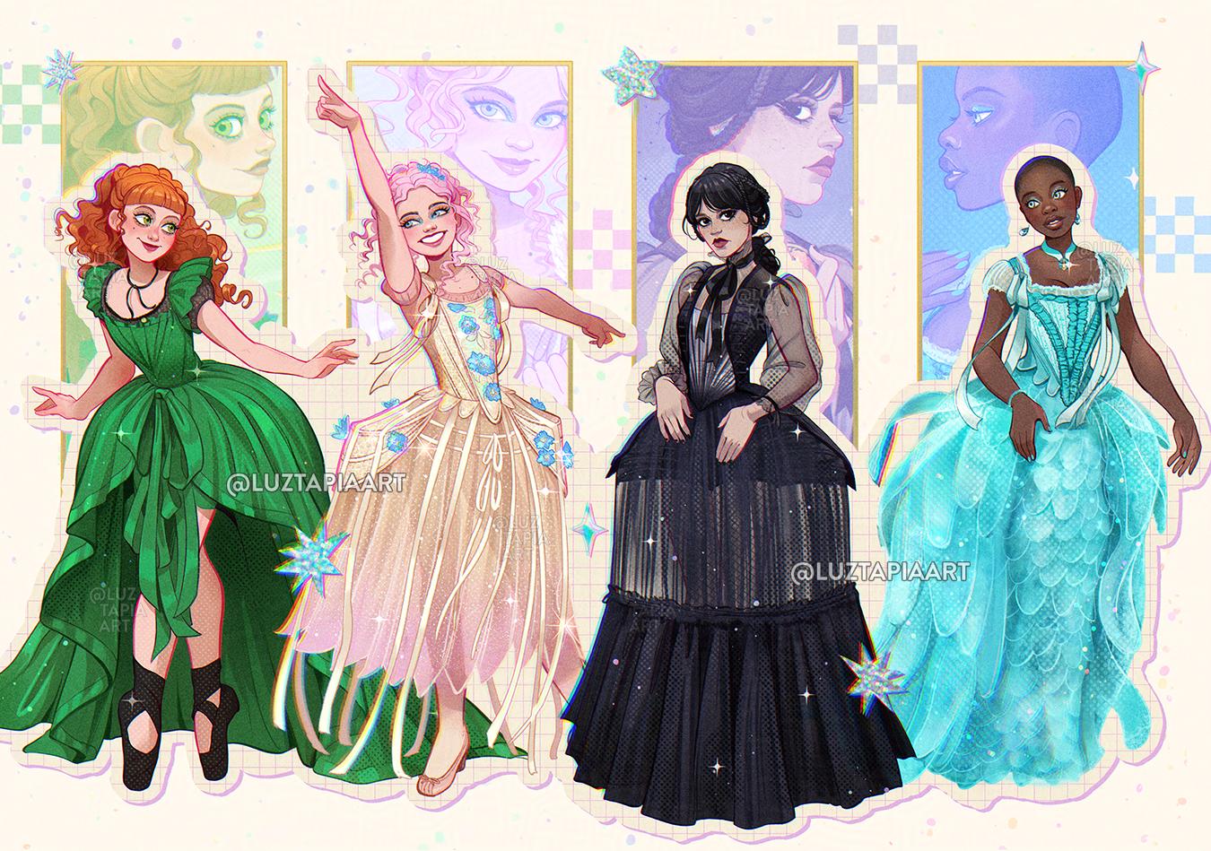 4girls, agnes_demille, alternate_costume, artist_name, bald, bald_female, bianca_barclay, black_dress