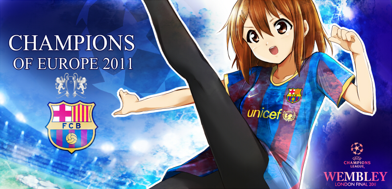 2010-2011_uefa_champions'_league, 2010-2011_uefa_champions'_league, brown_eyes, brown_hair, fc_barcelona, hirasawa_yui, k-on!, kaiga, kicking, lowres, pantyhose, short_hair, soccer, soccer_uniform, uefa_champions_league, unicef