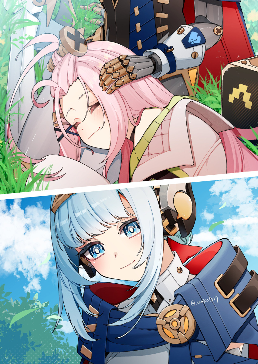 2girls, absurdres, aino_(genshin_impact), android, bangs_pinned_back, blue_cape, blue_eyes, blue_hair