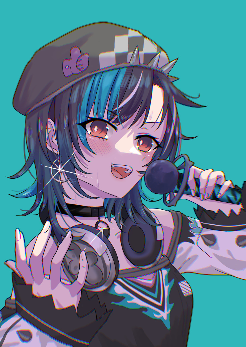 1girl, absurdres, akina_(user_ucnd3578), aqua_background, aqua_hair, beret, black_choker, black_dress