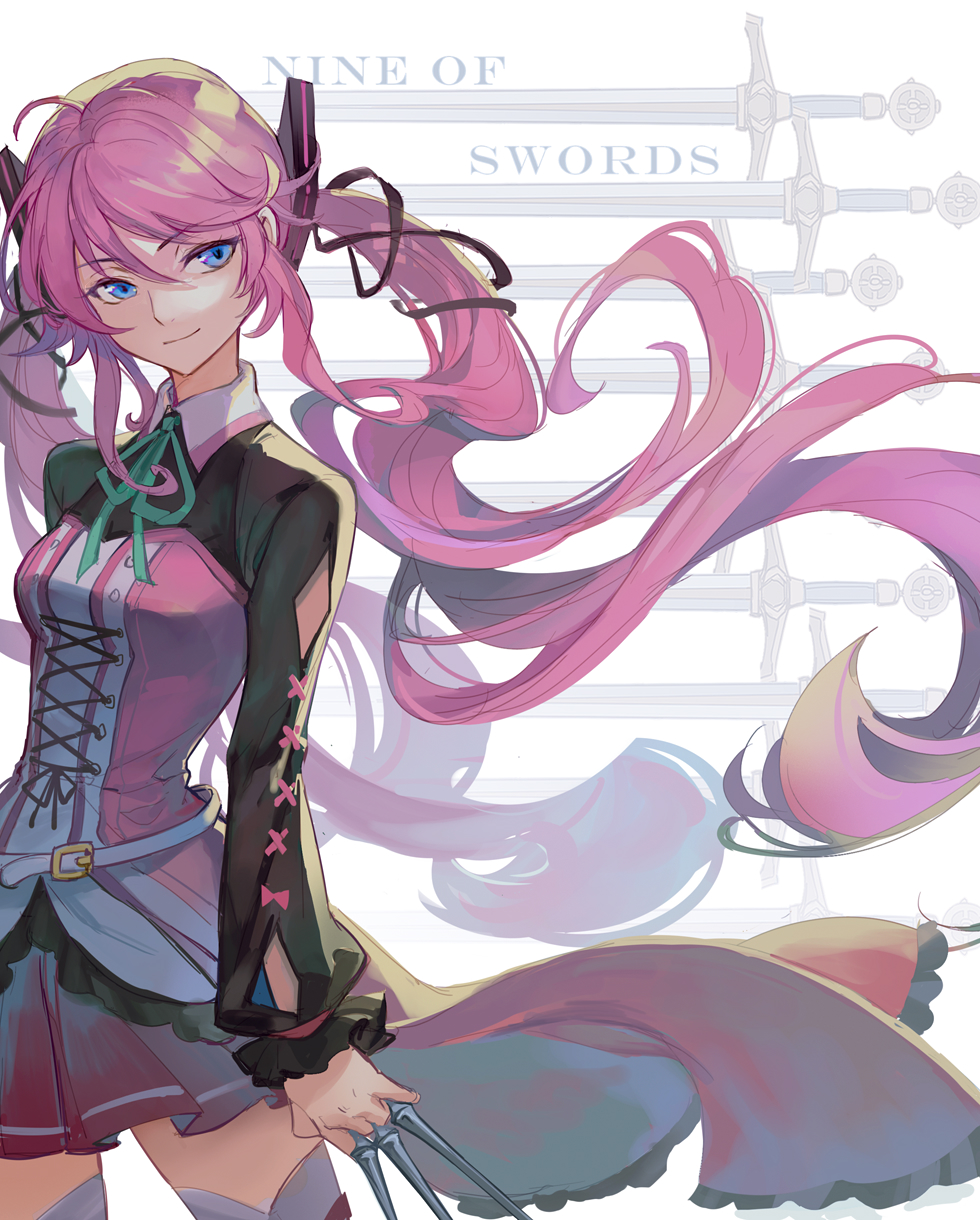 1girl, blue_eyes, breasts, closed_mouth, eiyuu_densetsu, english_text, feng_you, floating_hair, hair_between_eyes, highres, holding, holding_needle, holding_weapon, kuro_no_kiseki_(series), kuro_no_kiseki_ii, long_hair, nadia_rayne, needle, pink_hair, red_skirt, skirt, small_breasts, smile, solo, standing, sword, twintails, very_long_hair, weapon, white_background