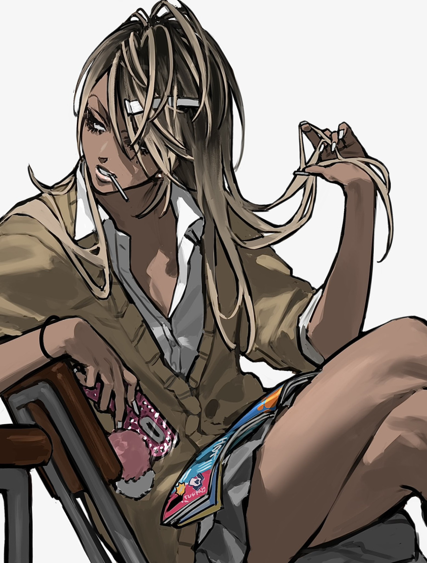 1girl, black_hair, blonde_hair, candy, cellphone, crossed_legs, dark-skinned_female, dark_skin, flip_phone, food, ganguro, gyaru, hair_ornament, hairclip, highres, lollipop, long_hair, ma0ma0_0, multicolored_hair, original, phone, playing_with_own_hair, roots_(hair), saotome_anna, sitting, solo, two-tone_hair, white_background