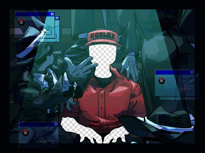 6+boys, black_border, black_hat, black_jacket, black_necktie, border, chance_(forsaken), clone