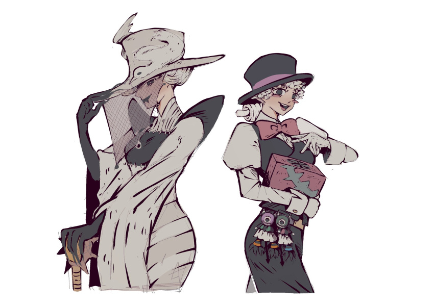 2girls, bow, bowtie, box, cropped_legs, dress, gachiakuta, gloves, grey_dress, grey_hair, hand_on_cane, hat, highres, long_sleeves, multiple_girls, remonucha, simple_background, smile, standing, too_lily, top_hat, veil, vest, white_background, wing_(gachiakuta)