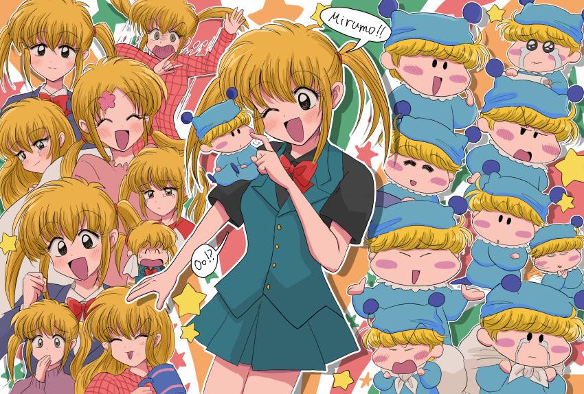 1boy, 1girl, ^_^, absurdres, blonde_hair, blue_pajamas, blunt_bangs, blush, blush_stickers, bow, bowtie, bridal_gauntlets, closed_eyes, commentary_request, highres, minami_kaede, mini_person, mirumo, mirumo_de_pon!, multiple_views, one_eye_closed, open_mouth, pajamas, parumuttyo, pom_pom_(clothes), sack, school_uniform, sidelocks, single_bridal_gauntlet, solid_oval_eyes, star_(symbol), tears, twintails, v-shaped_eyebrows