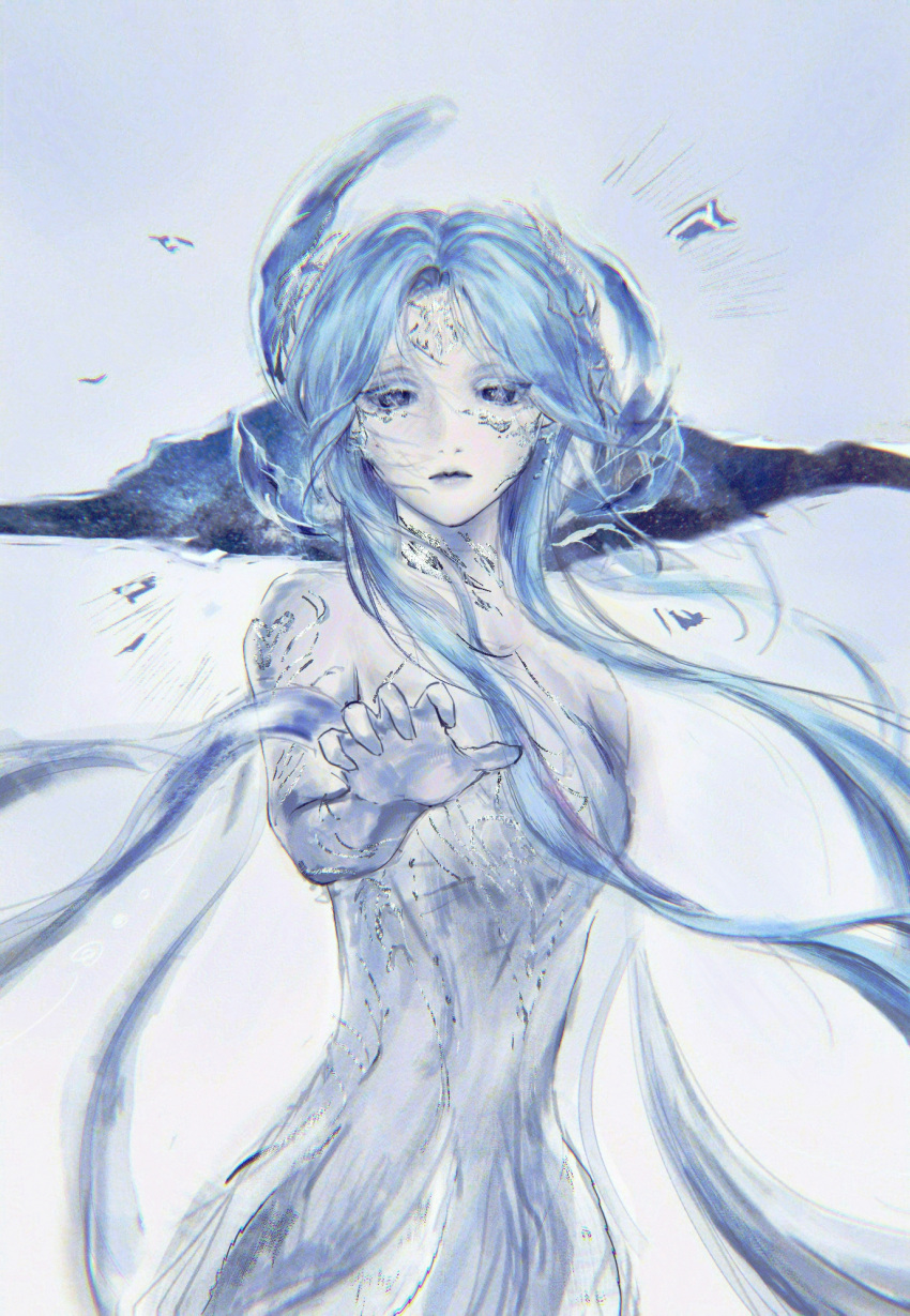 1girl, bare_shoulders, blue_background, blue_dress, blue_eyes, blue_eyeshadow, blue_gloves, blue_hair