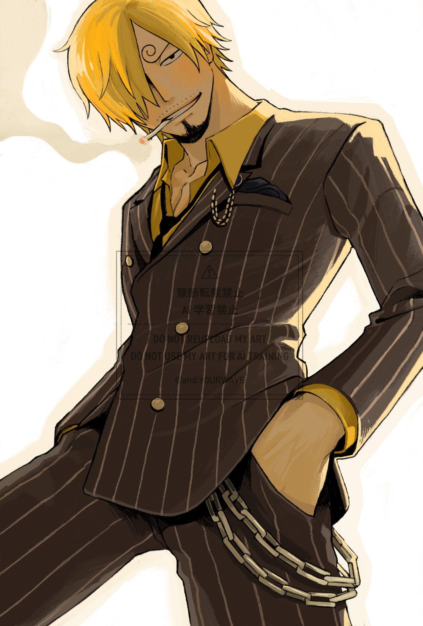 1boy, allout, blush, collared_shirt, curly_eyebrows, facial_hair, goatee, hair_over_one_eye