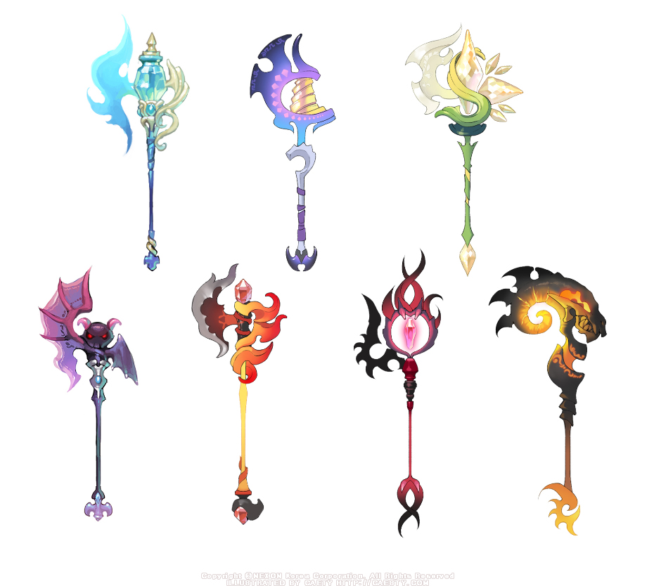 artist_name, asymmetrical_wings, black_wings, caesty, commentary_request, company_name, copyright_notice, dated_commentary, english_text, estoc_(weapon), fire, flaming_weapon, floating, floating_gem, floating_object, gem, horns, korean_commentary, nexon, official_art, orange_eyes, pink_gemstone, pink_horns, production_art, purple_wings, sharp_teeth, simple_background, skull, tales_weaver, teeth, weapon, web_address, white_background, white_gemstone, winged_weapon, wings