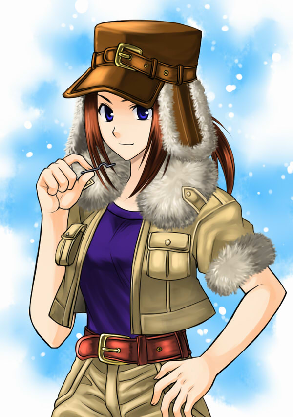 alta_(culdcept), belt, blue_eyes, brown_hair, culdcept, fur, jacket, khakis