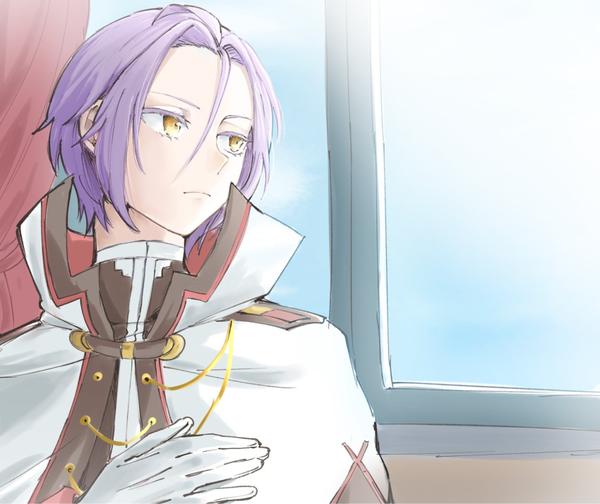 1boy, black_shirt, cape, closed_mouth, curtains, gagamu8888, gloves, hair_between_eyes, hand_on_own_chest, high_collar, highres, jacket, julius_juukulius, knight, looking_to_the_side, male_focus, purple_hair, re:zero_kara_hajimeru_isekai_seikatsu, serious, shirt, short_hair, solo, white_gloves, white_jacket, window, yellow_eyes