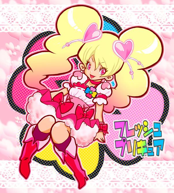 :d, blonde_hair, boots, bow, choker, cure_peach, dress, earrings