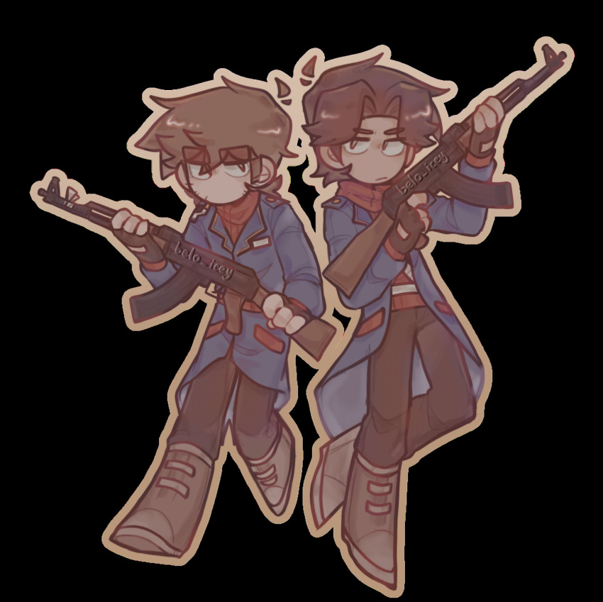2boys, ak-47, assault_rifle, belo_icey, black_background, black_pants, blue_coat, boots