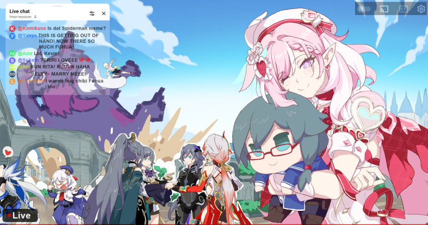 1boy, 6+girls, beret, blue_sky, character_doll, chat_log, clouds, diamond-shaped_pupils