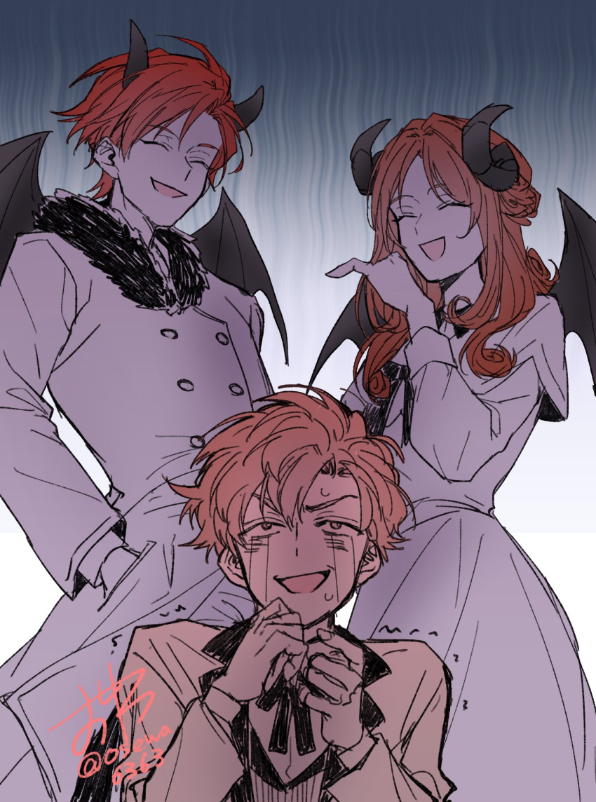 1girl, 2boys, brown_hair, cale_henituse, closed_eyes, coat, crying, crying_with_eyes_open