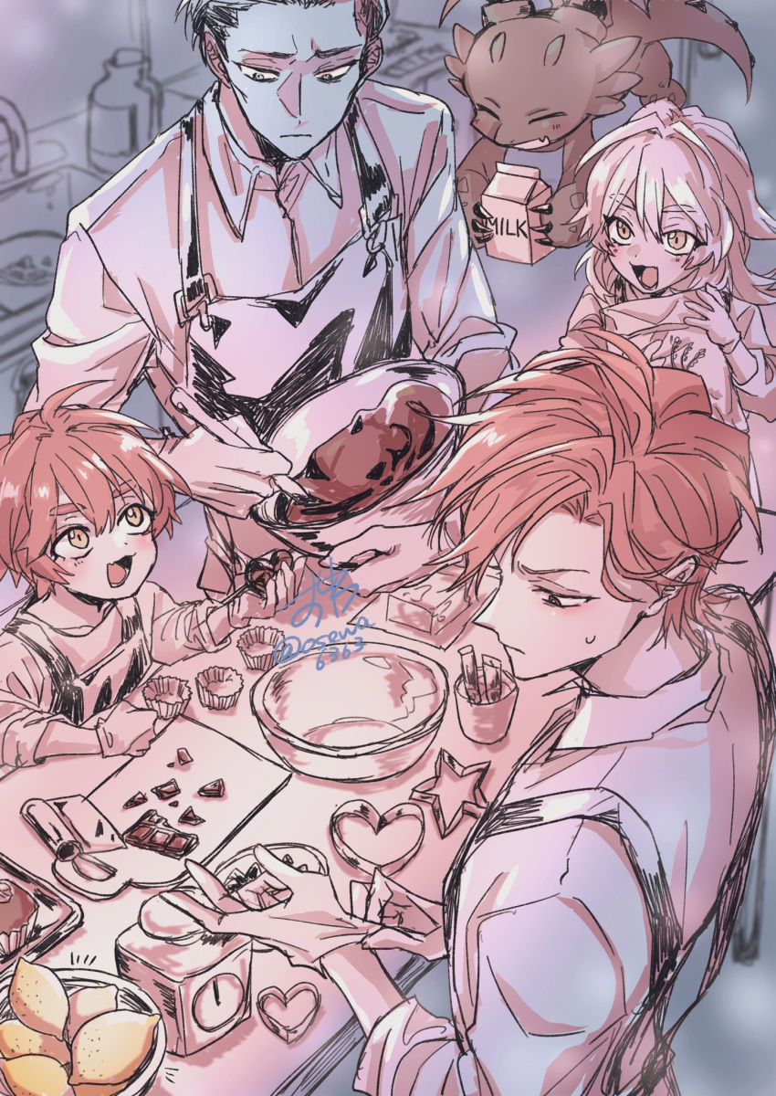 1girl, 4boys, apron, beacrox_molan, black_hair, bowl, brother_and_sister, brothers, cale_henituse, child, chocolate, cooking, dated, dragon, food, heart, highres, holding, hong_(lout_of_count's_family), kitchen, lout_of_count's_family, milk_carton, mixing_bowl, multiple_boys, ohn_(lout_of_count's_family), open_mouth, osewa6363, raon_miru, red_hair, shirt, short_hair, siblings, smile, whisk, yellow_eyes
