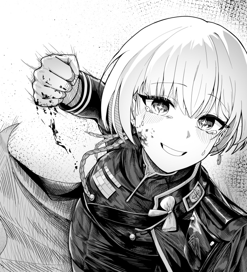 1girl, absurdres, aiguillette, blood, blood_on_clothes, blood_on_face, blood_on_hands, breasts, clenched_hand, crying, crying_with_eyes_open, dress, false_smile, gloves, goddess_of_victory:_nikke, highres, imminent_attack, imminent_punch, incoming_attack, incoming_punch, liliweiss_(nikke), looking_at_viewer, makaer1117, monochrome, punching, short_hair, smile, solo, star-shaped_pupils, star_(symbol), symbol-shaped_pupils, tears, tight_clothes, tight_dress, white_gloves