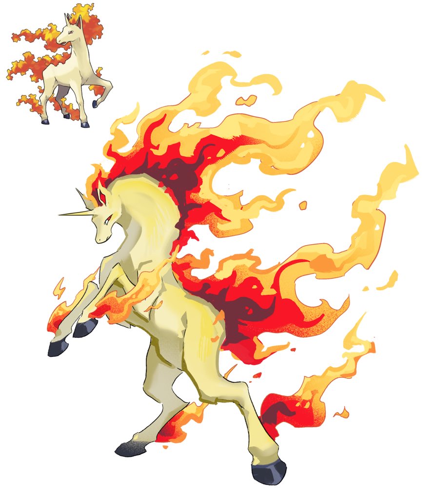 animal_focus, bairizuomeng, fiery_hair, fiery_tail, fire, full_body, hooves, horns